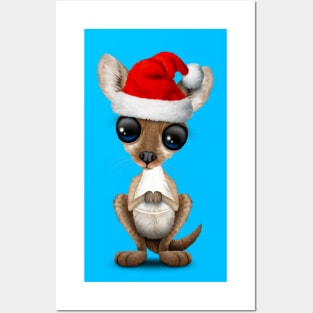 Christmas Kangaroo Wearing a Santa Hat Posters and Art